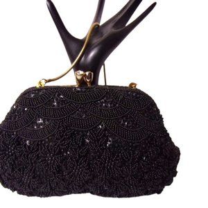 Vintage Black Beaded Evening Bag, 1950's Hong Kong Bag, Price Lowered from $49